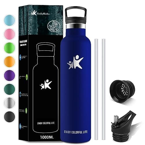 KollyKolla Gourde Isotherme 1L, Gourde Inox avec en Paille, Bouteille d'eau sans BPA, Réutilisable, Anti-Fuite, Acier inoxydable à Double Paroi Isolée, pour Enfant, Adultes, Sport - 2 Couvercles