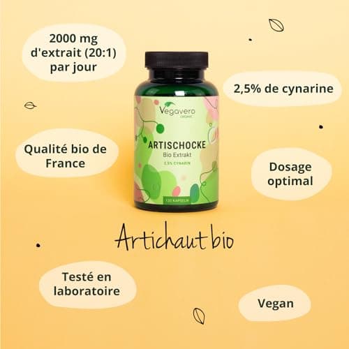 Artichaut BIO | Origine FRANCE | 2000 mg (extrait 20:1) par dose | 2,5% cynarine | Sans Additifs | Dépuratif Foie + Digestion | Testé en Laboratoire | 120 gélules | Artichoke Extract | Vegavero®