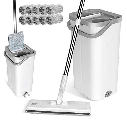 Masthome Balai Microfibre et Seau Essoreur, Serpillère Microfibre Plat avec Manche en 140 cm et 10 Tampons en Microfibre Réutilisables, Balai Serpillière pour Nettoyage Tous Types de Sols - Blanc