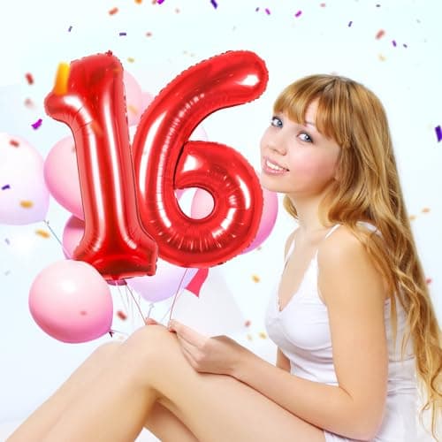 Ballons Anniversaire 16 Rouge - 100cm - Ballon Chiffre 16 Numéro 16 - Happy Birthday Decoration Ballons Fête d'anniversaire Ans Vole Grâce à l'Hèlium 16