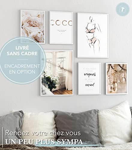Papierschmiede® Set Mood Posters, Tableau Décoration Murale sans cadres « Coco Femelle » Bureau, Salon, Deco Chambre Parentale, Cuisine, 2x A4 et 4x A5, eucalyptus femme fleurs