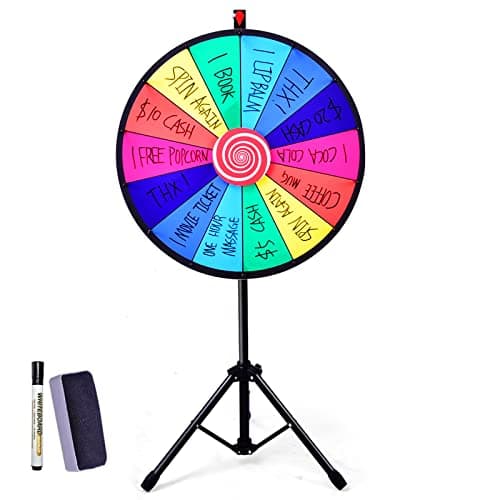 RELAX4LIFE Roue de la Fortune avec 14 Emplacements, Brosse et Marqueur Effaçable Fournis, Diamètre de la Roue 48CM (φ60CM-Hauteur Réglable)