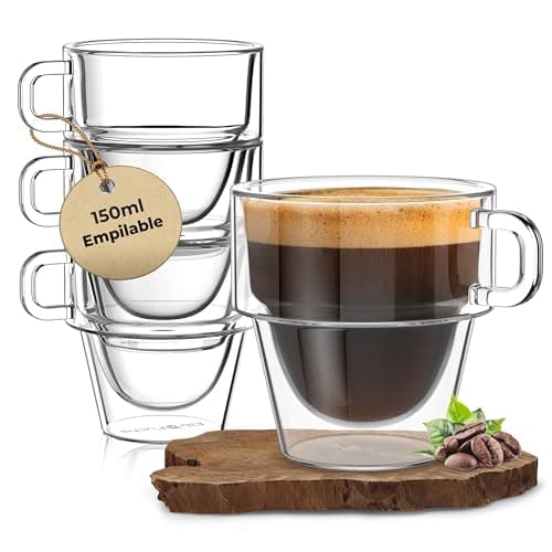 ElbFuchs® Tasse double paroi expresso [4x 150ml EMPILABLE] Verre double paroi à expresso | Verre isotherme | Tasse café transparente | Tasse a cafe double paroi avec anse
