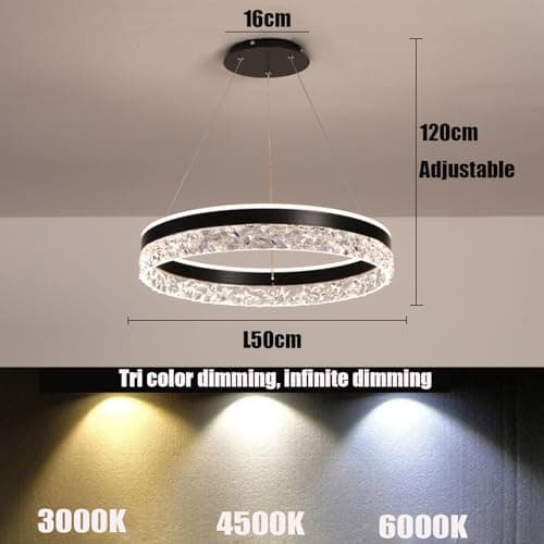 Deliouay Lampe à suspension LED table à manger ronde suspension anneau moderne lampe à suspension dimmable table à manger avec télécommande suspension salon cuisine Bureau (noir, Ø50cm)