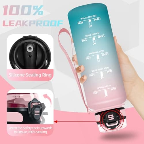 Gourde 1.5L, Gourde Sport avec Paille, Gourde Motivation anti Fuite, avec Marqueur de Temps, Gourdes de Camping et Randonnée, Facile à Nettoyer, Gourde Adulte pour Yoga, Running, Camping, Rose-Cyan