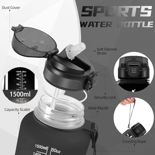 Gourde 1.5L, Gourde Sport avec Paille, Gourde Motivation anti Fuite, avec Marqueur de Temps, Gourdes de Camping et Randonnée, Facile à Nettoyer, Gourde Adulte pour Yoga, Running, Camping, Noir-Rouge