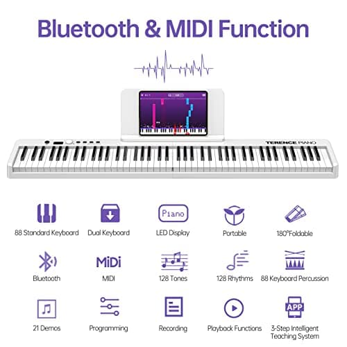 TERENCE Pliable Piano Numérique avec 88 Touches semi-lestées et Batterie de 1800mAh et interface USB MIDI support de partitions Bluetooth Sacs pour Clavier Câble audio Casque Pédale de sustain Blanc