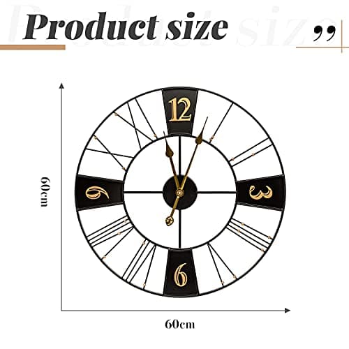 Yumyolk Horloge Murale Ronde, 60 cm, Silencieuse, Fonctionnement à Piles, Lunette Noire, Aiguilles Or, Chiffres Arabes Or