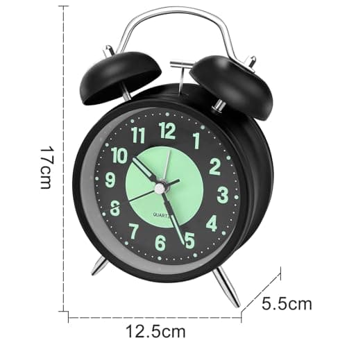 Nutabevr Réveil Double Cloche, avec Lumineux Silencieuse Réveil, Rétro Mécanismes à Quartz Électroniques, sans tic-tac, pour Chambre à Coucher, Salon, Noir Grand modèle réveil Classique