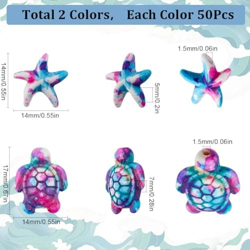 SUNNYCLUE 100 pièce de 2 styles de Perles Turquoise Violettes, Tortue, Étoile de Mer, Été, Océan, Animaux Marins, Vie Marine, Pierres Précieuses Porte-Bonheur, Perles D'Espacement en Vrac pour la Fabr