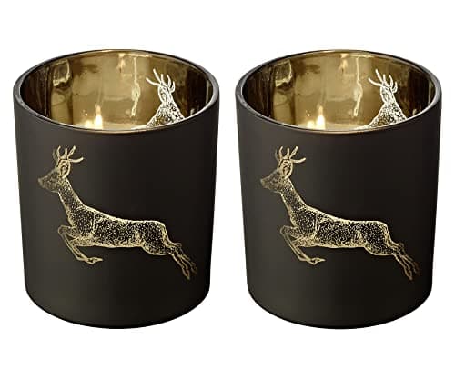 EDZARD Lot de 2 photophores Sammy, Motif cerf, pour Bougies Chauffe-Plat, Hauteur 8 cm, extérieur Noir, intérieur doré