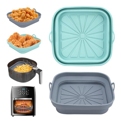 Alyvisun Moule Silicone Air Fryer, 2 Pièces Panier Moule pour Friteuse à Air Chaud Réutilisable Airfryer Pot Plat Carré Pliable Doublure Liner pour Friteuse Air, Micro-ondes, Four (Bleu+Gris)