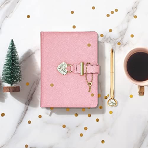 Topzora Journal Intime Fille Cadenas et clé +Stylo Diamant en Forme de Coeur,Carnet Secret,(Rose)