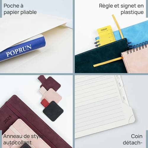 POPRUN Agenda de Poche 2025 Semainier et Carnet de Notes 16 x 10,5 cm - Couverture Spirale en Cuir A6 petite Planner, D'Jan 2025 à Déc 2025, Règle signet, Papier 100 g/m2, Pétrole Vert-PTL