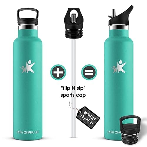 KollyKolla Bouteille Isotherme 1L, Gourde Inox avec en Paille, Bouteille d'eau sans BPA, Réutilisable, Anti-Fuite, Gourde Acier Inoxydable pour Enfant, Adultes, Sport, Cyclisme, École - 2 Couvercles