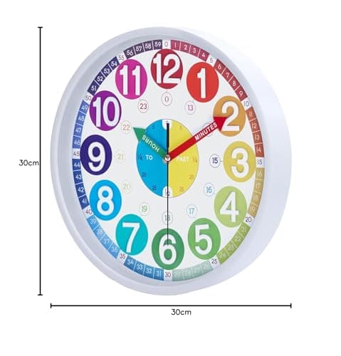 Lafocuse Silencieuse Horloge Murale Enfant Apprentissage Colorée avec 3D Chiffres Facile à Lire pour Ecole Chambre Enfant Classe 30 cm