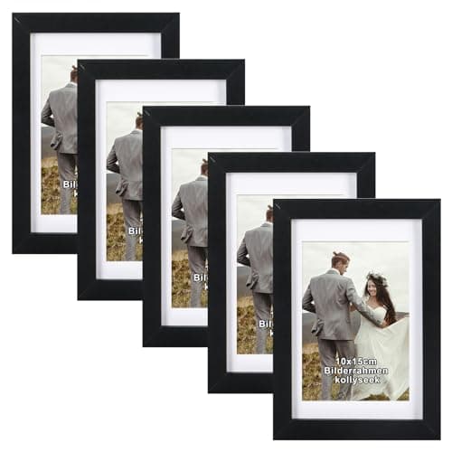 kollyseek set de 5 cadres photo 10x15 cm en MDF et verre acrylique cadre photo noir cadre photo en bois, à suspendre et à poser, salon à poser et à suspendre, cadre décoratif noir
