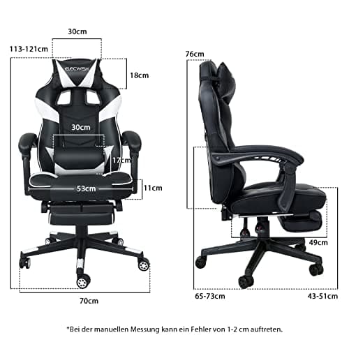 YU YUSING Massage Chaise Gaming Ergonomique Racing Chaise de Bureau avec Réglage de Hauteur, Repose-tête et Soutien des Lombaires, PU Cuir avec Repose-Pieds Rétractable, (Blanc)