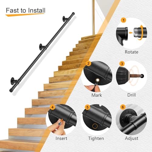VAYOTOY Main Courante pour Escalier Intérieur Extérieur, Antidérapante Rampe d'escalier Métal Acier Galvanisé Corps de Support Poignée Rambarde de Sécurité, Noir 200 cm