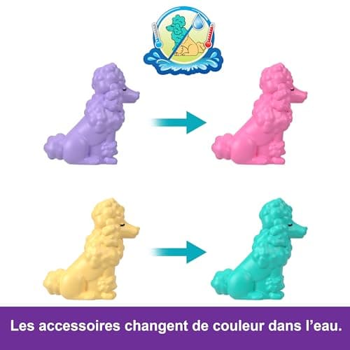 Polly Pocket Coffret Toilettage Caniche avec 2 Figurines, 12 Accessoires, 2 Accessoires Qui Changent De Couleur, Jeu D’Eau, Jouet Enfant, Dès 3 Ans, HKV35