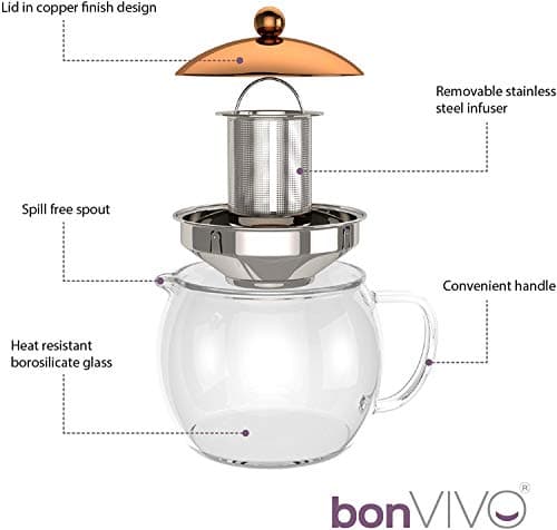 bonVIVO Théière avec Infuseur à Thé TEMPA avec Passoire en Inox Amovible, Théière pour Thé en Vrac, Theiere en Verre Borosilicaté Résistant à La Chaleur avec Couvercle en Cuivre, 1,5 Litre