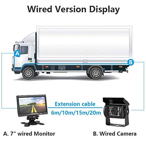 Moniteur HD avec écran 7’’ LCD TFT 12 V-24 V pour auto + caméra de recul pour bus camion remorque à 18 DEL IR étanches pour vision de nuit et vue arrière avec 10 m de câble vidéo