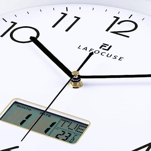 Lafocuse Horloge Murale Calendrier LCD avec Date Thermomètre, Moderne Silencieuse Pendule Murale Argent, Quartz sans Tic-tac Déco pour Salon Chambre Bureau Cuisine 30cm