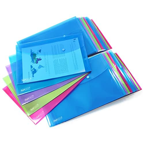Rapesco 1677 Pochette à Bouton Pression, A4+ / Papier Ministre, Couleurs Transparentes Assorties, Lot de 25