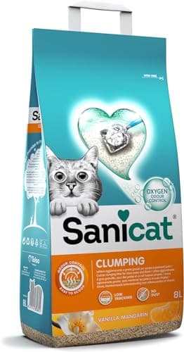 Sanicat Litière agglomérante parfum vanille et mandarine Composée de minéraux naturels avec contrôle des odeurs garanti Retient l’humidité et facilite le nettoyage Format 8L