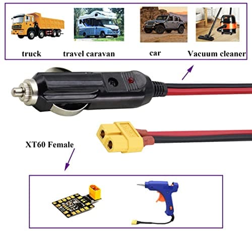 AAOTOKK (2Pack 16AWG XT60 to Cigarette Lighter Cable,12V Cigarette Lighter Male Plug to XT60 Female Adapter Extension Cable compatible for Freestyle Fpv Drones Battery Charging Cable.(0.3m/1ft-F)