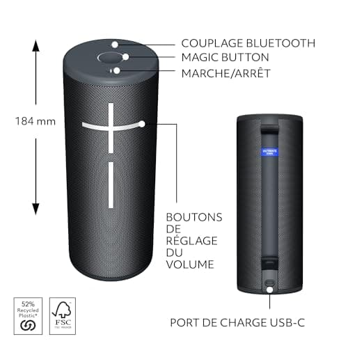 Ultimate Ears Boom 4, Enceinte Bluetooth Portable et étanche avec Son cristallin immersif et Puissant à 360 degrés, Flottante avec 15 Heures d'autonomie et Une portée de 45m - Noir