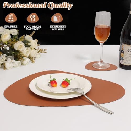 Sets de 4 Table Lavable,Set Couverts de Table,Dessous de Table,Cuir Antidérapant Double Face Imperméables Set Table et Dessous de Verre,Set de Table Lavable Chaleur Résiste(Brun Gris)