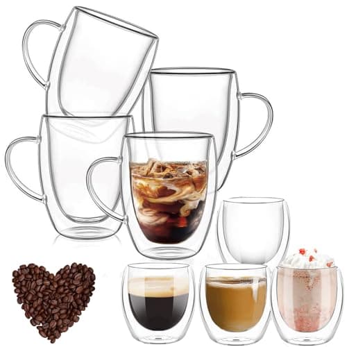 Lot de 8 Double Paroi en Verre à Café, 4 x 350ml Tasses à Café Double Paroi, et 4 x 80ml Mug Verre Isolés Tasses à expresso, Idée Cadeau Tasses à Latte Verre a Biere, pour Cafetière, Bière, Jus