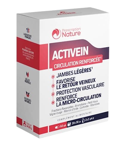Prescription Nature - ACTIVEIN - Complément Alimentaire pour Soutenir la Circulation - Veinotonique - Recommandé en Cas d'Insuffisances Veineuses - Fabrication Française - 60 Gélules