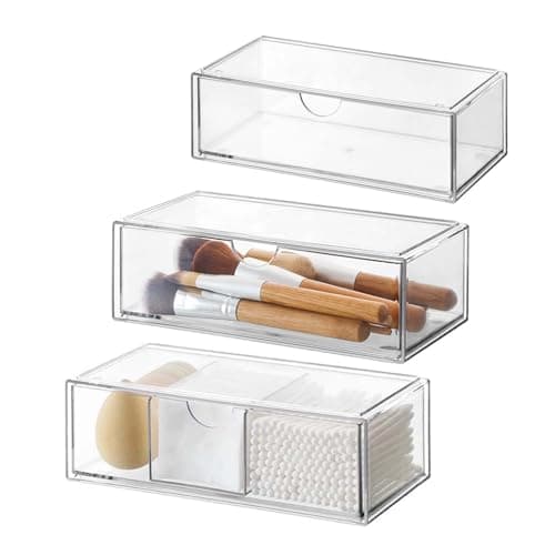 DoocliB Lot de 3 tiroirs de rangement empilables en acrylique pour salle de bain,boîte de rangement compacte en plastique pour maquillage ou cosmétiques, boîte à bijoux empilable, transparent