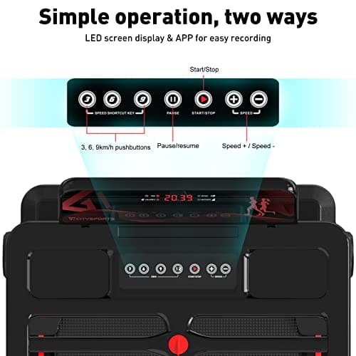 CITYSPORTS Tapis de Course,Tapis Roulant Pliable 12 km/h,avec Affichage LED,APP et 360° Tablet Holder,Walking Pad Compact pour la Maison et Le Bureau(Black&Red)