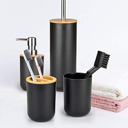 Ensemble Salle de Bain Accessoires en Bambou - 6Pièces Accessoire Salle de Bain Noir Contient Bouteilles de Lotion, Porte-Brosse à Dents, Tasse à Dents, Porte-Savon, Brosse de Toilette, Poubelle