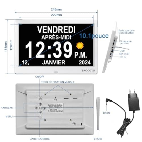 TROCOTN 10 Pouces Horloge numérique Horloge de Jour Grand écran réveil Horloge Murale (Blanc)