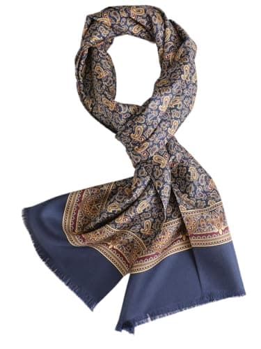 Prettystern Hommes long élégant 2 couches classique business festif pure soie écharpe franges courtes bleu Paisley AB04