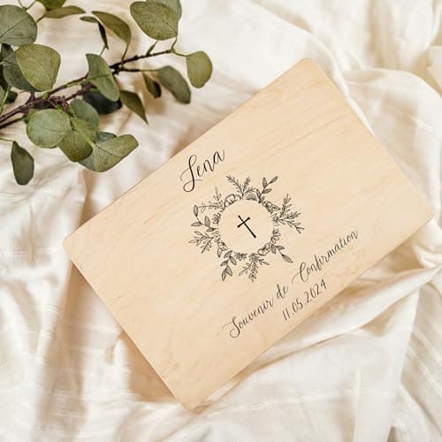 Creative Deco Personnalisé Première Communion Confirmation Cadeau Boite | Boîte à Souvenirs en Bois Garçon et Fille | Personnalisés - Calice et Prière du Chapelet | Personnalisable Idée Coffret