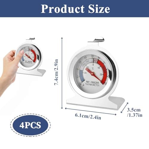 4 Pièces Thermomètre Congélateur, Thermometre Frigo en Acier Inoxydable pour Réfrigérateur et Congélateur, Plage de Température -30°C à 30°C / -20°F à 80°F, Cadran Large et Clair, Installation Facile