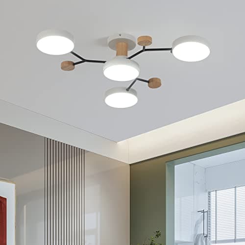 Schindora Plafonnier LED 4 têtes,36W blanc chaud 3000K,plafonnier décor bois Ø66cm pour salon cuisine salle à manger bureau à domicile chambre d'enfant
