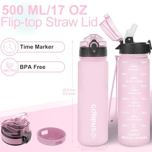 GOPPUS 500ml/17oz Bouteilles d'eau étanche pour Enfants pour L'école avec Paille Sans BPA Tritan Bouteille d'eau de Sport Réutilisable pour Tout-petit avec Marquage de l'heure avec 2 Couvercles