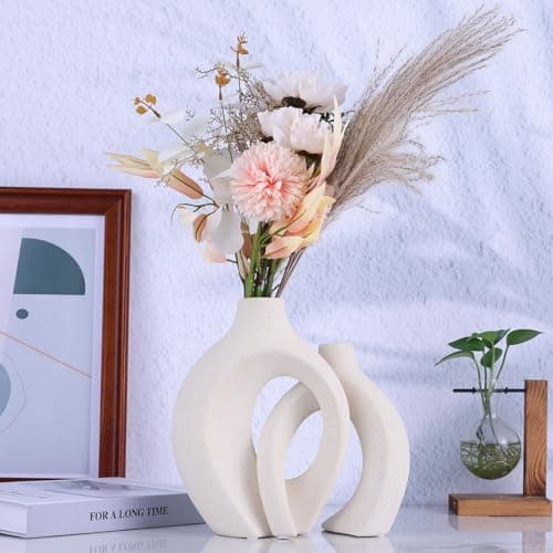 Lot De 2 Vases Creux en CéRamique - DéCoration D'IntéRieur BohèMe - pour Table De Mariage, Fête, Salon, Bureau, Chambre, Pendaison De CréMaillèRe, Cadeau De Mariage pour Couples (Blanc cassé)