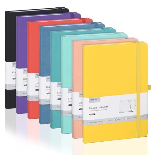 POPRUN Lot de 8 Carnet de notes classiques lignés A5, Cuir végétalien rigide Cahier, Carnet de Voyage Journal Couverture Imperméable avec Porte-stylo,Fermeture Élastique,Pochette Extensible, 14 x 21cm