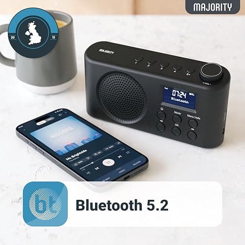 Radio Dab, Dab+ Bluetooth Portable | Batterie Rechargeable ou Alimentation par câble USB-C | 12 Heures de Lecture, Affichage LED, Prise Casque | Double Alarme, FM, 40+ présélections | MAJORITY Orwell
