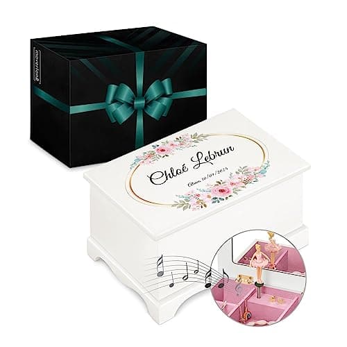 Maverton Boîte à Bijoux Musicale personnalisée avec ballerine - 17x11x9 boite a bijoux avec impression pour petite fille - pour premier anniversaire - Cadeau Fille 8 Ans - deco - Bouquet