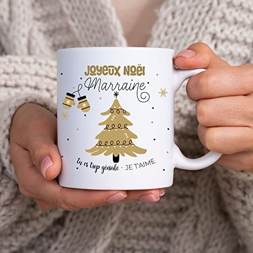 ÉNJA Création Cadeau NOËL - Mug MARRAINE. Marraine/Tasse – Joyeux Noël - Cadeau fêtes de fin d'année personnalisé. Cadeau original. Céramique haute qualité 11oz - 320 ML (MARRAINE)