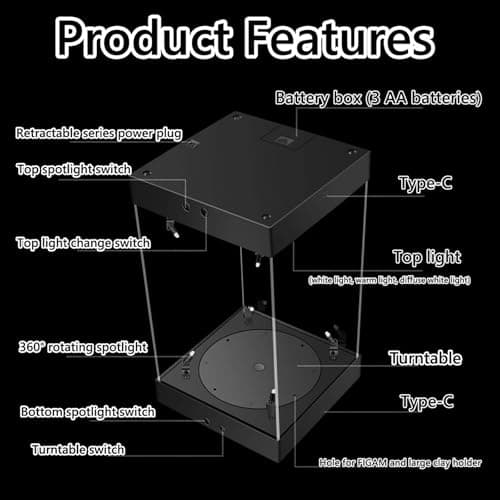 Dtyubfg Vitrine Acrylique avec Base Noire, - avec Plateau Tournant Lumières LED - Assembler la boîte à poussière de la boîte Acrylique de comptoir pour l'action Figurines Jouets, Collectibles -30 cm
