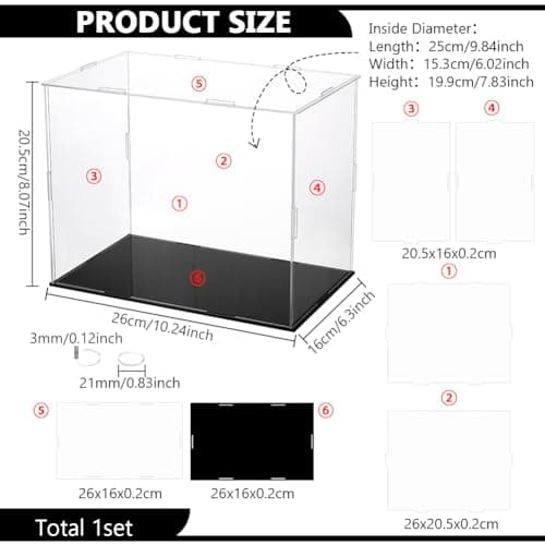 FINGERINSPIRE Vitrines de Figurines en Plastique 26x16x20.5 cm Boîte de Présentation de Figurines d'action Anti-Poussière Transparente avec Vitrine de Base Noire pour Modèles, Blocs de Construction
